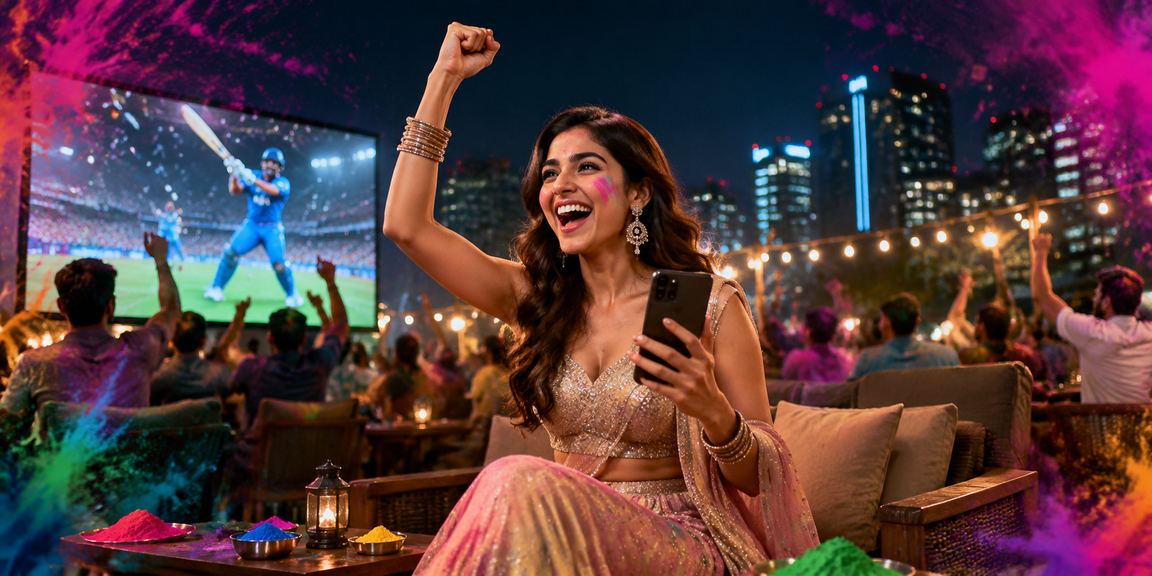 Indian festival scene with Holi colors and bonuses